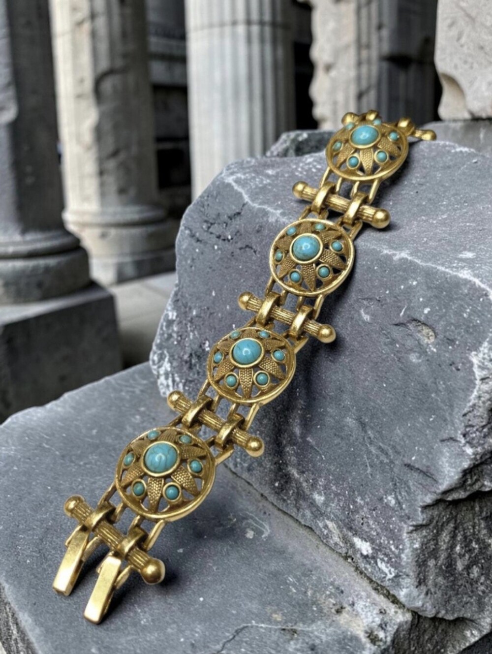 Antique Gold Byzantine Turquoise Cabochon Panel Bracelet